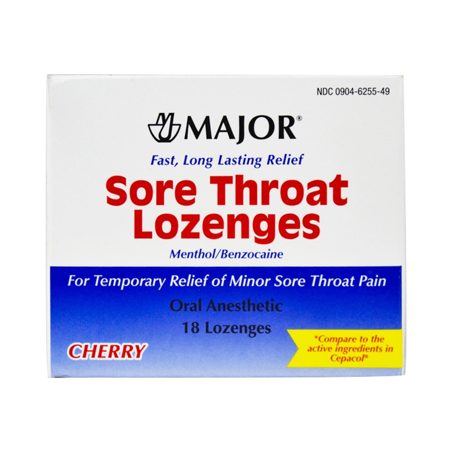 Major sore throat lozenges box, cherry flavor, menthol/benzocaine, 18 count