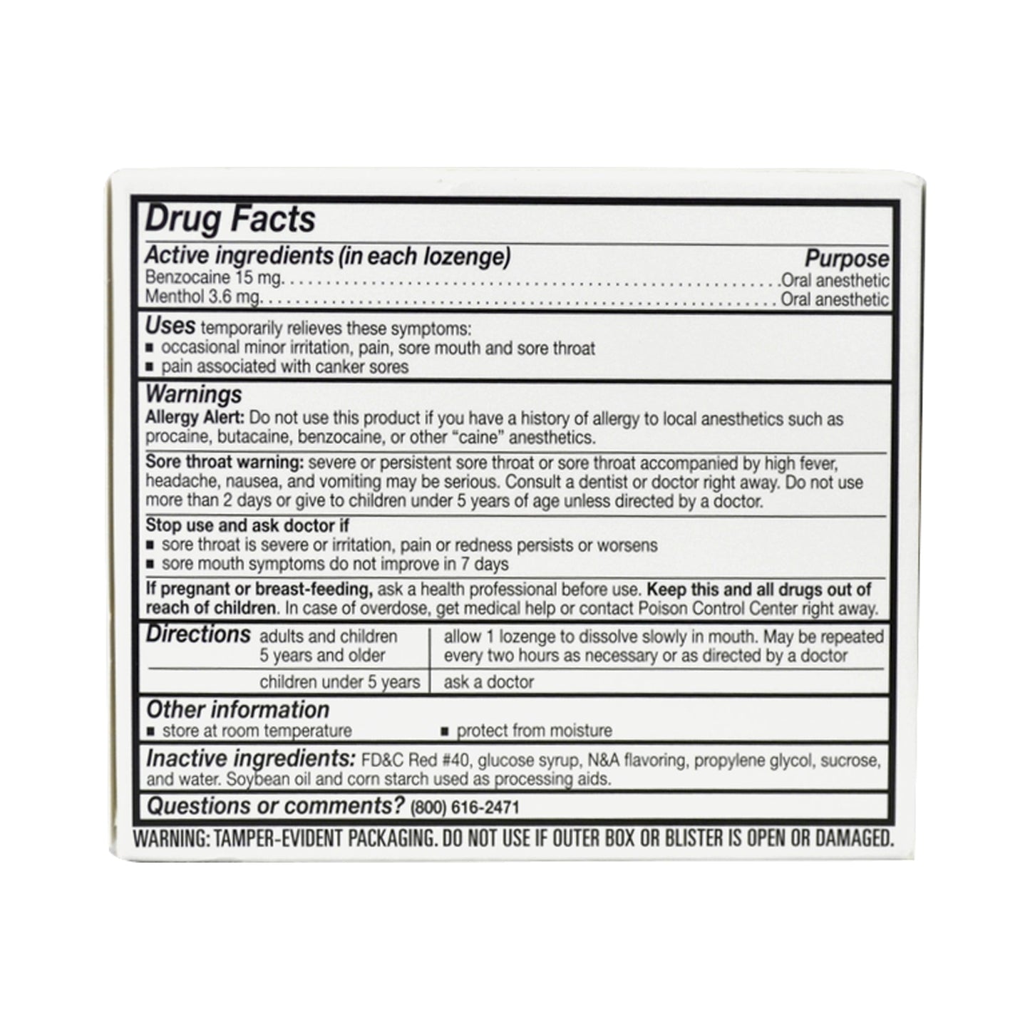 Drug Facts panel on sore throat lozenges box, directions and warnings