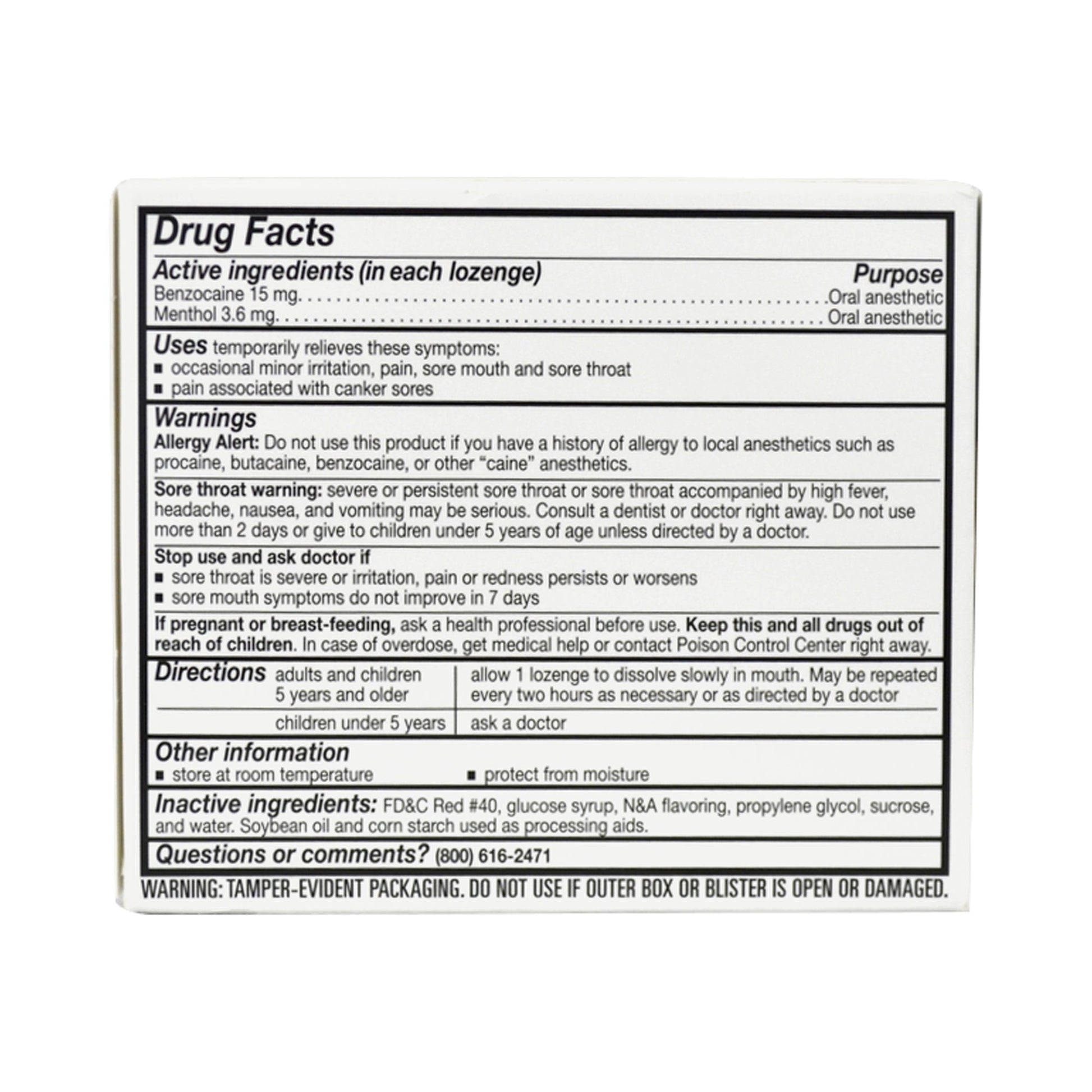 Drug Facts panel on sore throat lozenges box, directions and warnings