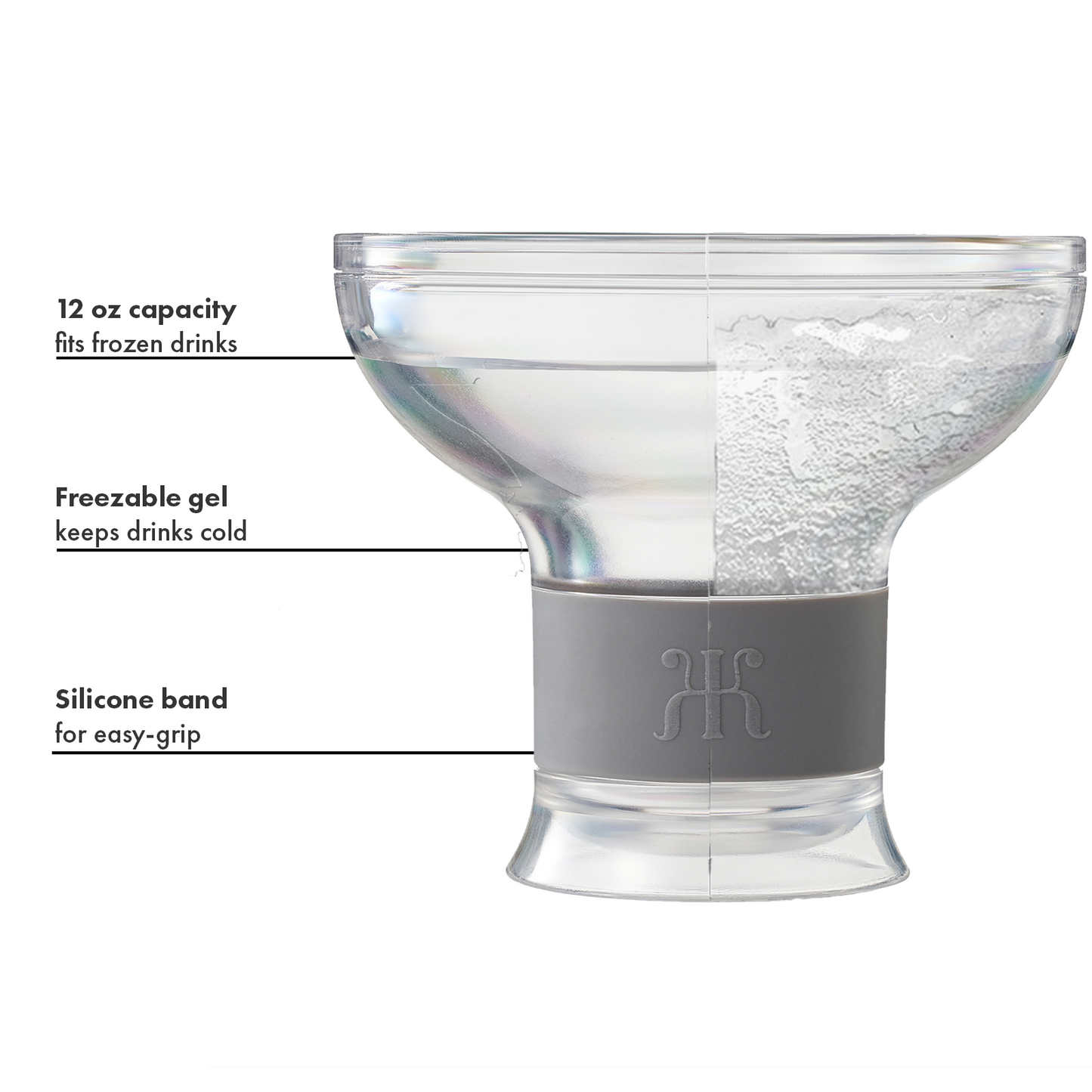 Acrylic frozen drink chiller cup with clear bowl and gel-filled gray base band