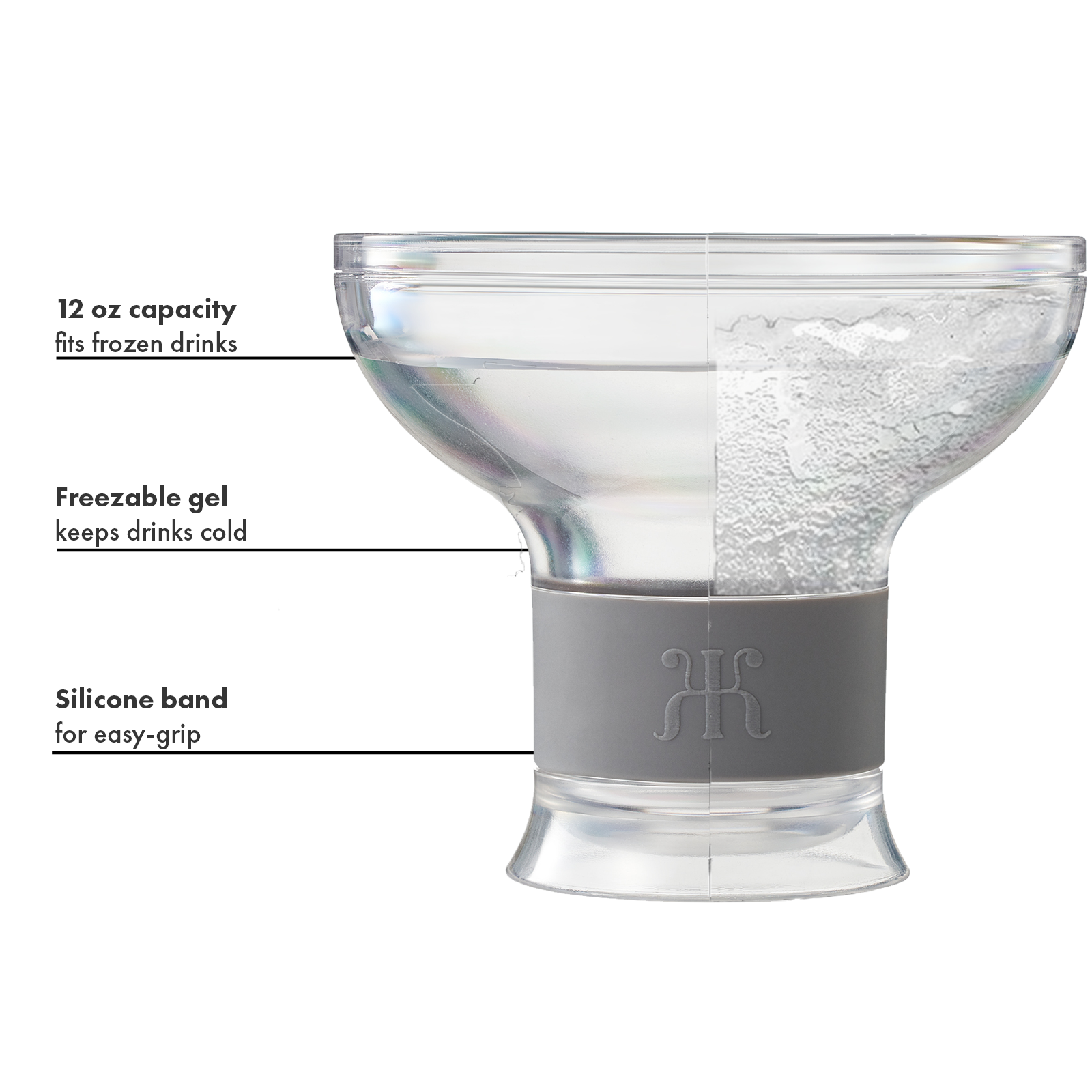 Acrylic frozen drink chiller cup with clear bowl and gel-filled gray base band