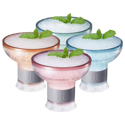 Set of 4 acrylic cocktail chiller glasses with ice and mint leaves, in pink and blue.