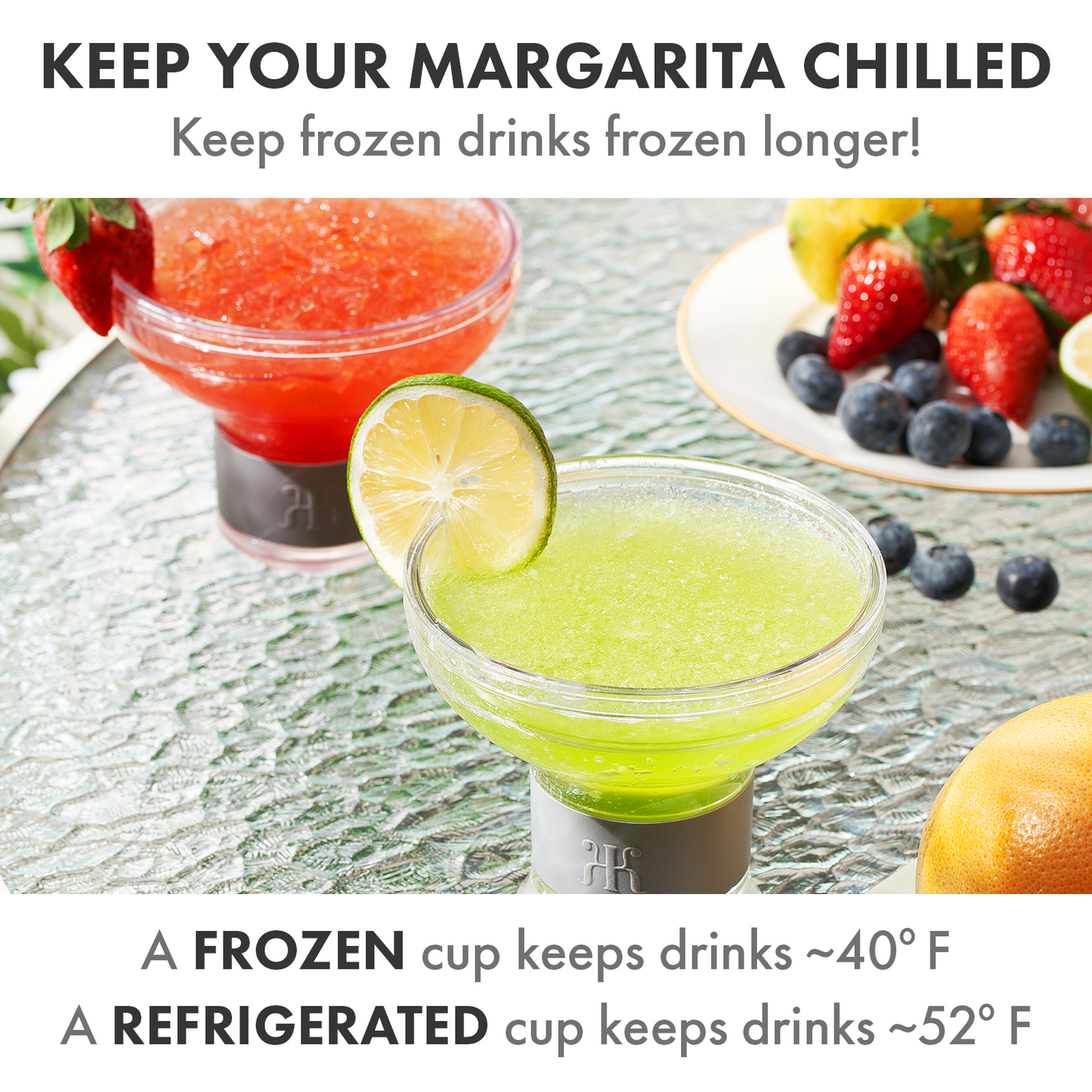 Acrylic frozen cocktail chiller cup with pale green drink and lemon slice garnish