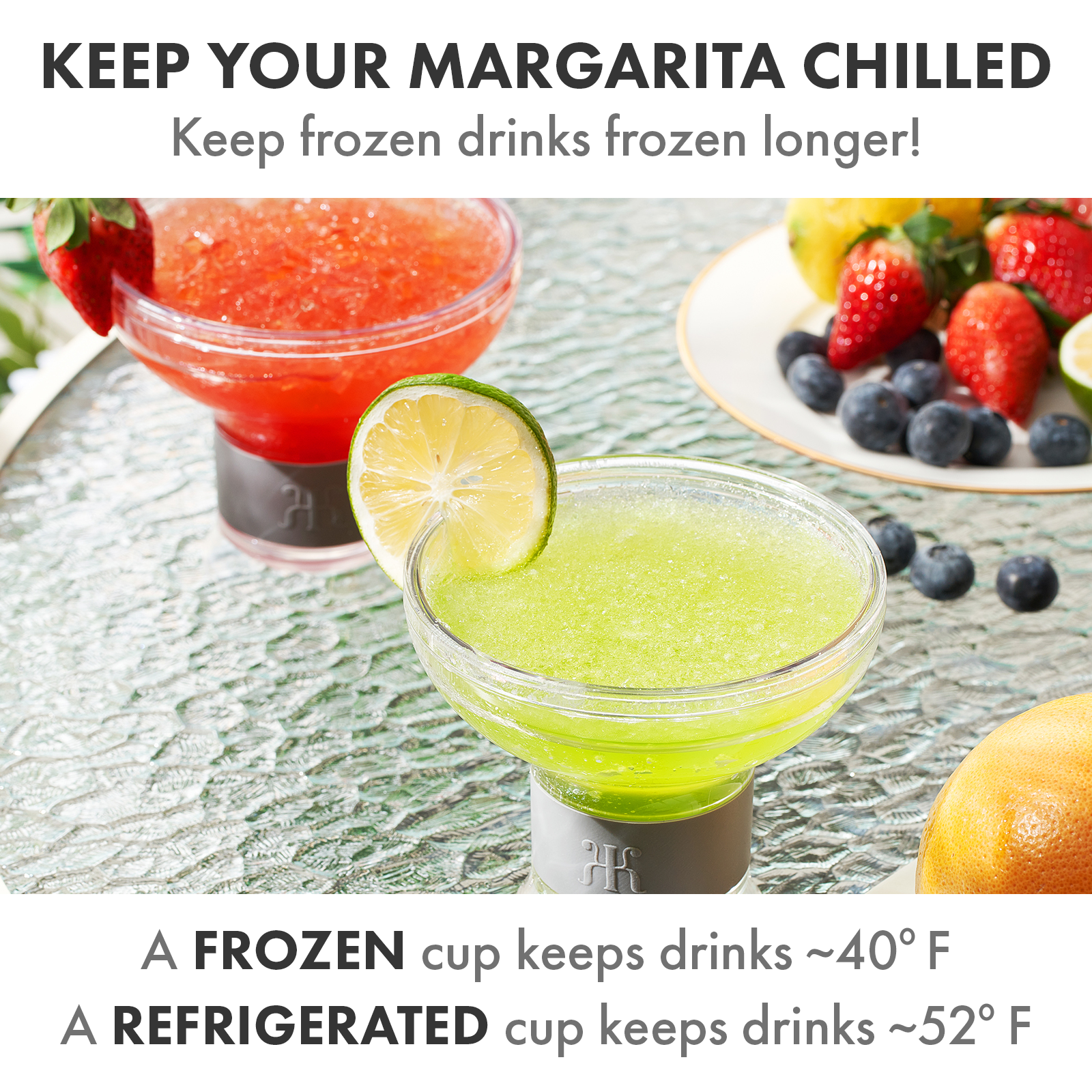 Acrylic frozen cocktail chiller cup with pale green drink and lemon slice garnish