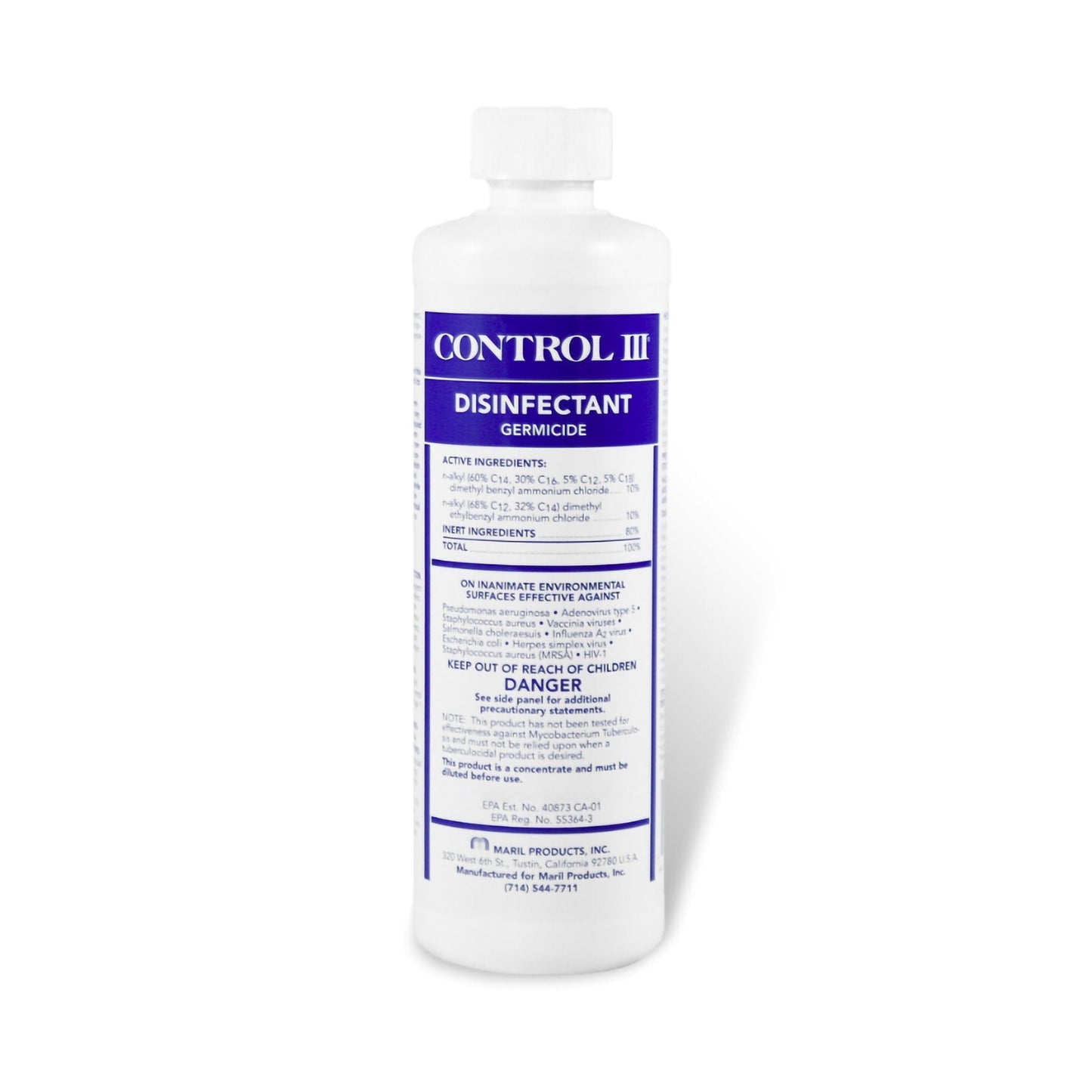 CONTROL III disinfectant germicide bottle, white with blue label and ingredient panel
