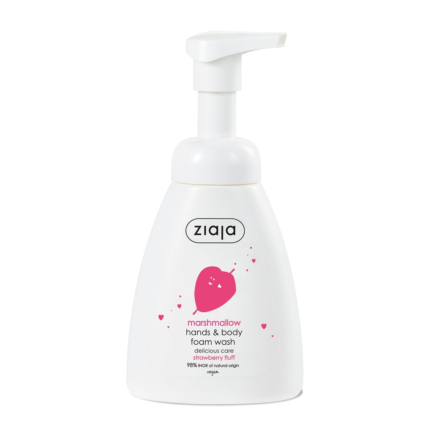 Ziaja marshmallow hands & body foam wash pump bottle, white with pink heart label