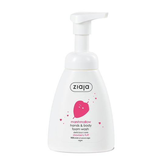 Ziaja marshmallow hands & body foam wash pump bottle, white with pink heart label
