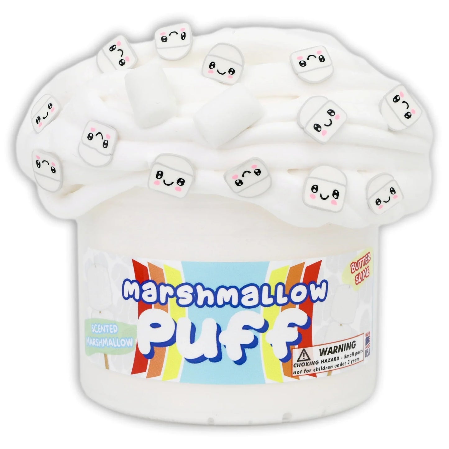 Marshmallow puff slime jar with white cloudlike slime and cute cube faces