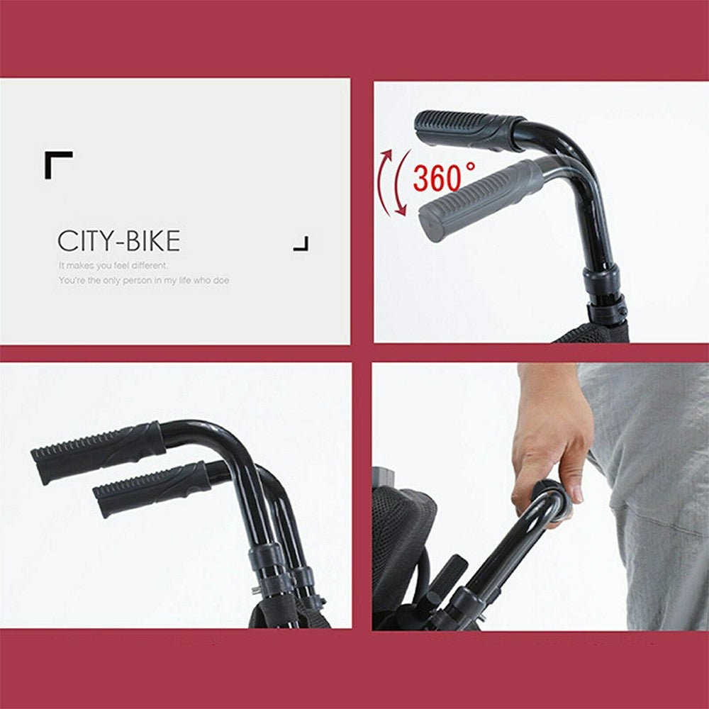 Mate Lightweight Mobility Wheelchair: Close-up of adjustable handlebars with 360-degree rotation feature.