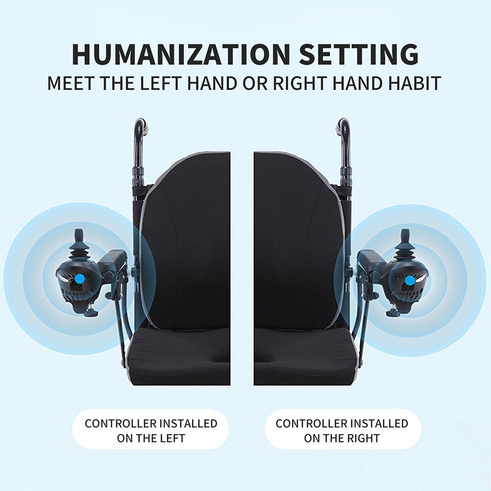 Mate Lightweight Power Wheelchair: Controller installs on left or right for humanization setting