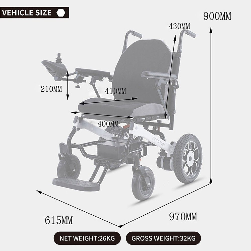 Mate Lightweight Foldable Electric Power Wheelchair with dual motors, dimensions shown