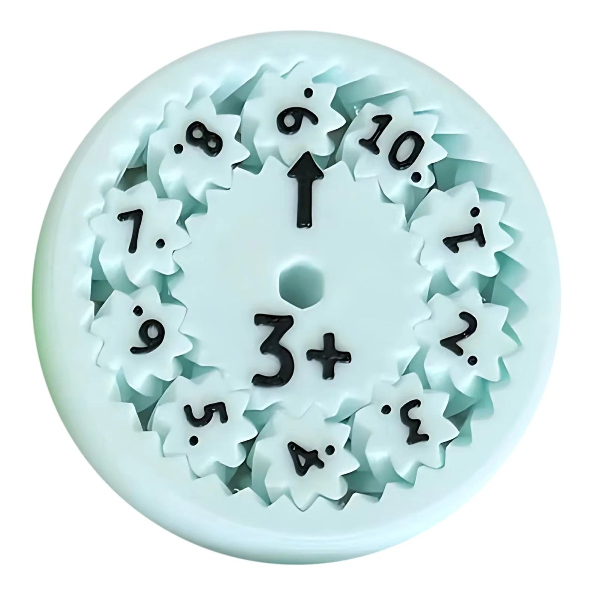 Light blue math fidget spinner wheel with “3+” and surrounding addition symbols and numbers