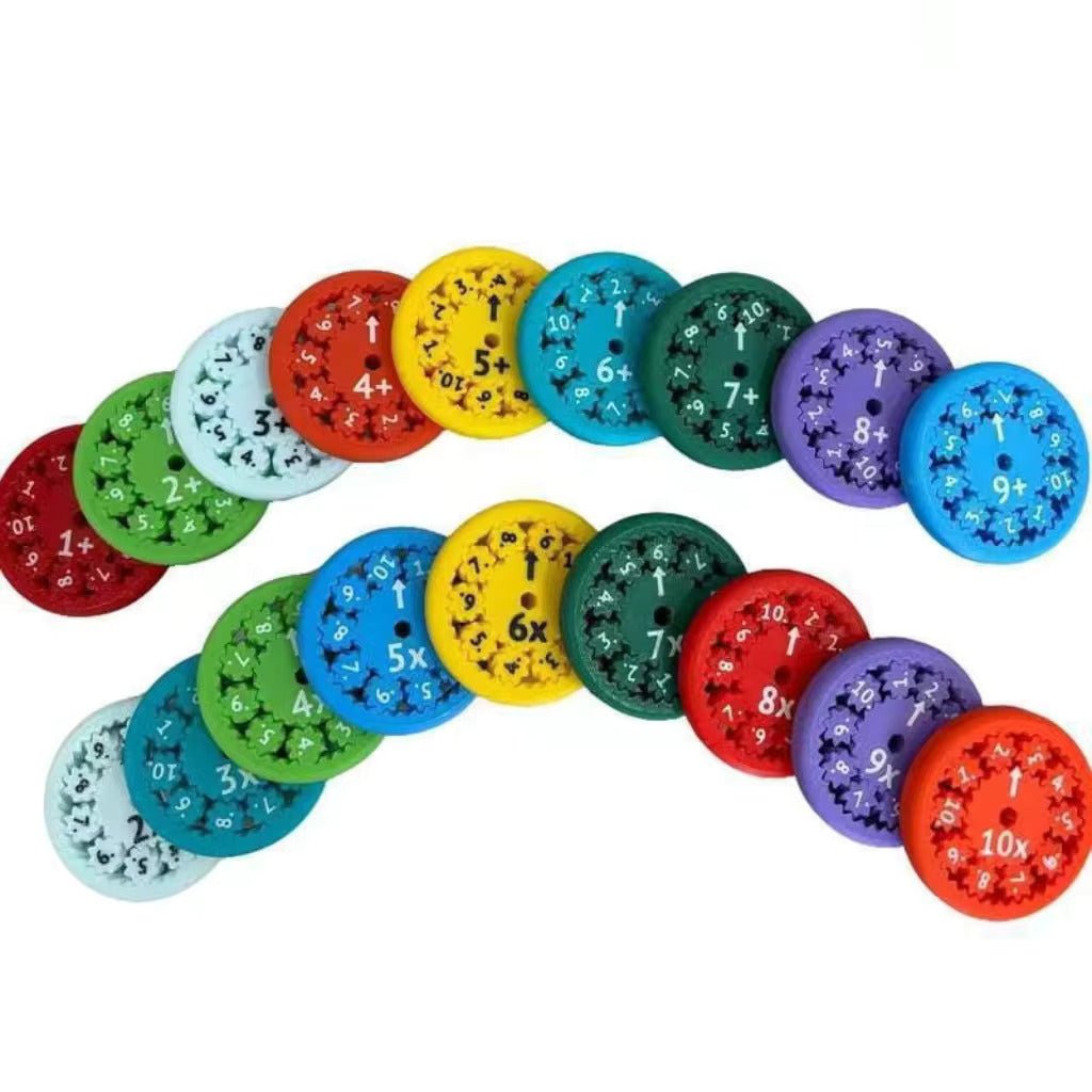 Math fidget spinner set with colorful circular discs marked with +, −, ×, and ÷