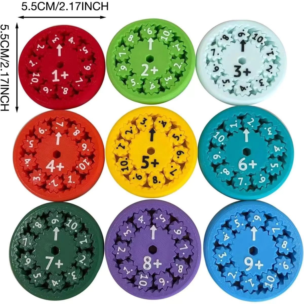 Addition/Subtraction math fidget spinner wheels with 1+ through 9+ and 10− markings