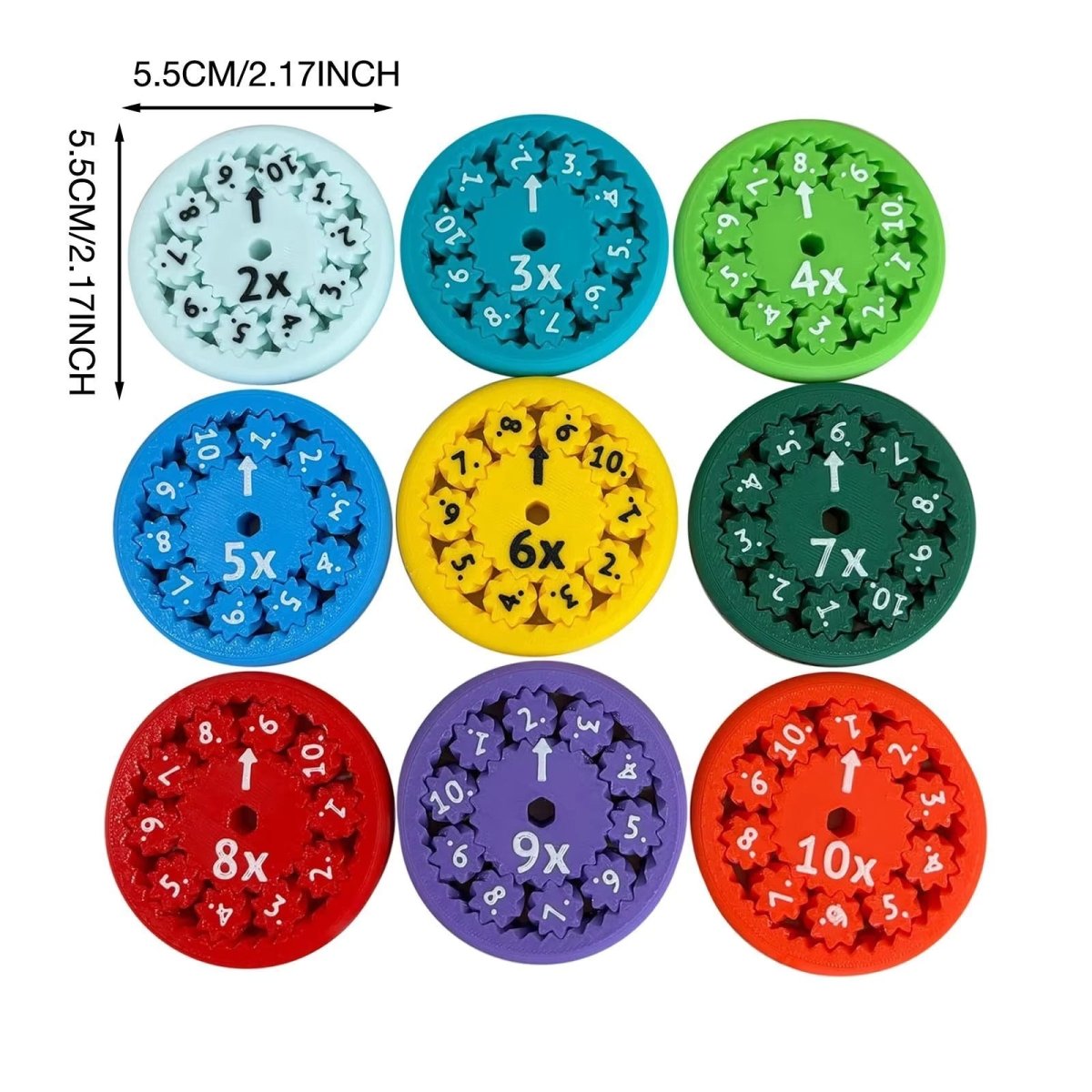 Multiplication/Division math fidget spinner wheels with 2x–10x and 6÷–10÷ markings