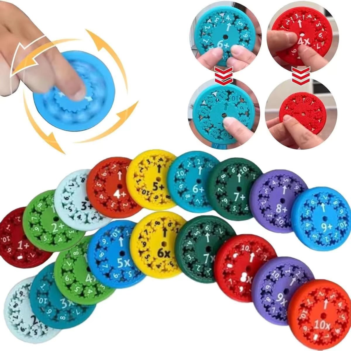 Math fidget spinner discs in hand, showing blue and red wheels with multiplication symbols
