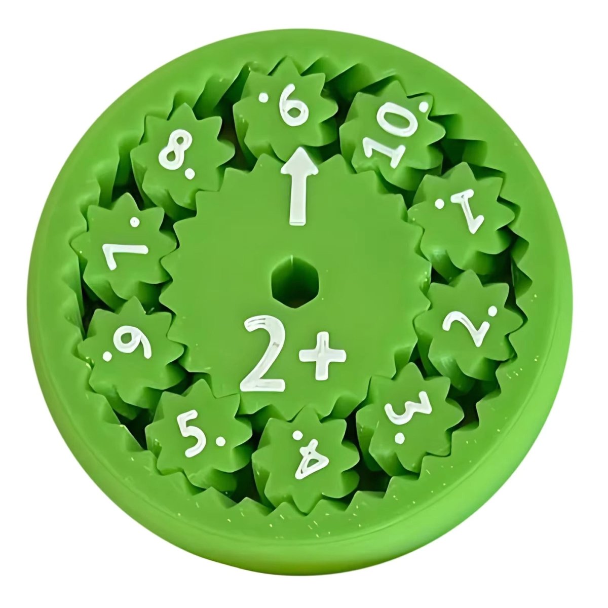 Green math fidget spinner wheel with “2+” center and surrounding addition numbers 1–10