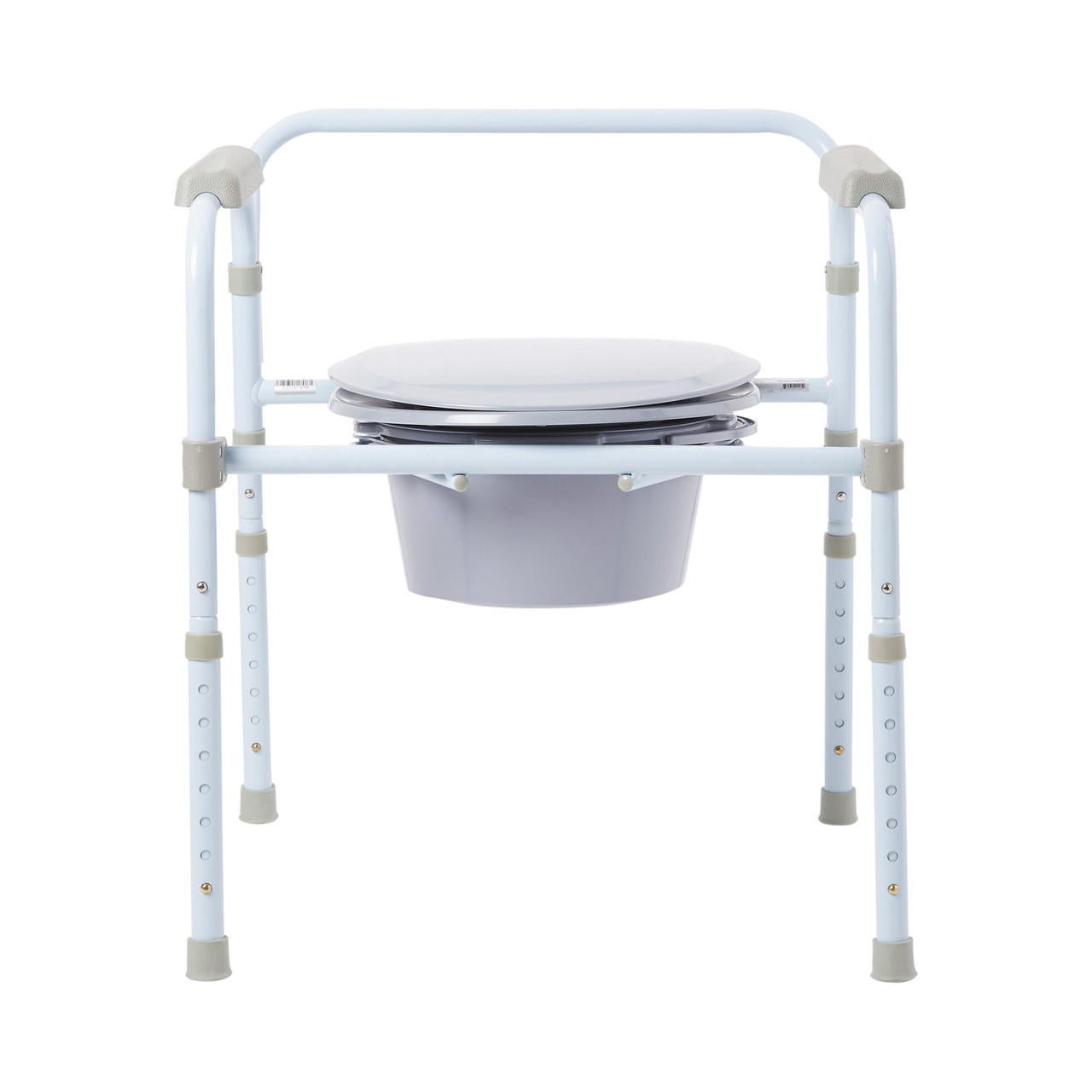 Bedside commode frame with flip-up seat and toilet bowl, gray plastic