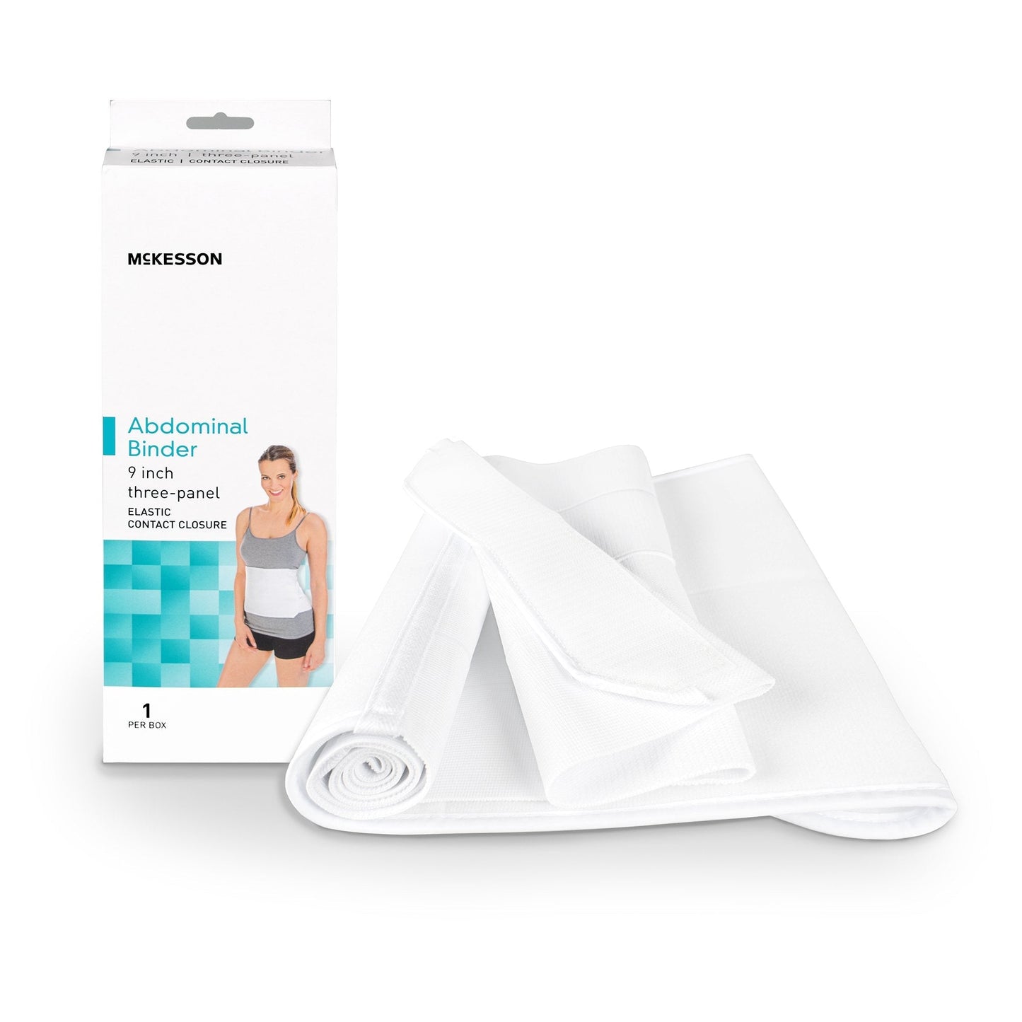 White abdominal binder, 9-inch wide, three-panel elastic contact closure