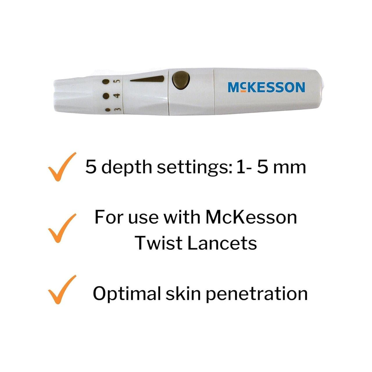 Lancing device showing depth settings 1–5 mm and readiness for twist lancets