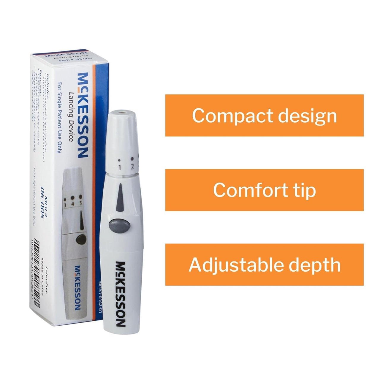 Compact lancing device with comfort tip and adjustable depth settings