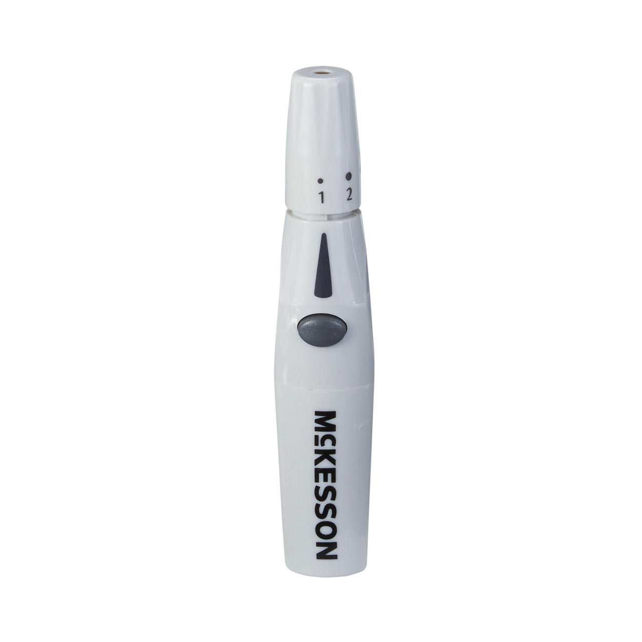 White lancing device head with depth settings 1–2 and dark trigger button