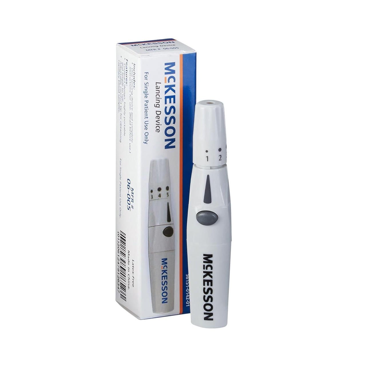 McKesson lancing device with adjustable depth dial and spring-loaded trigger button