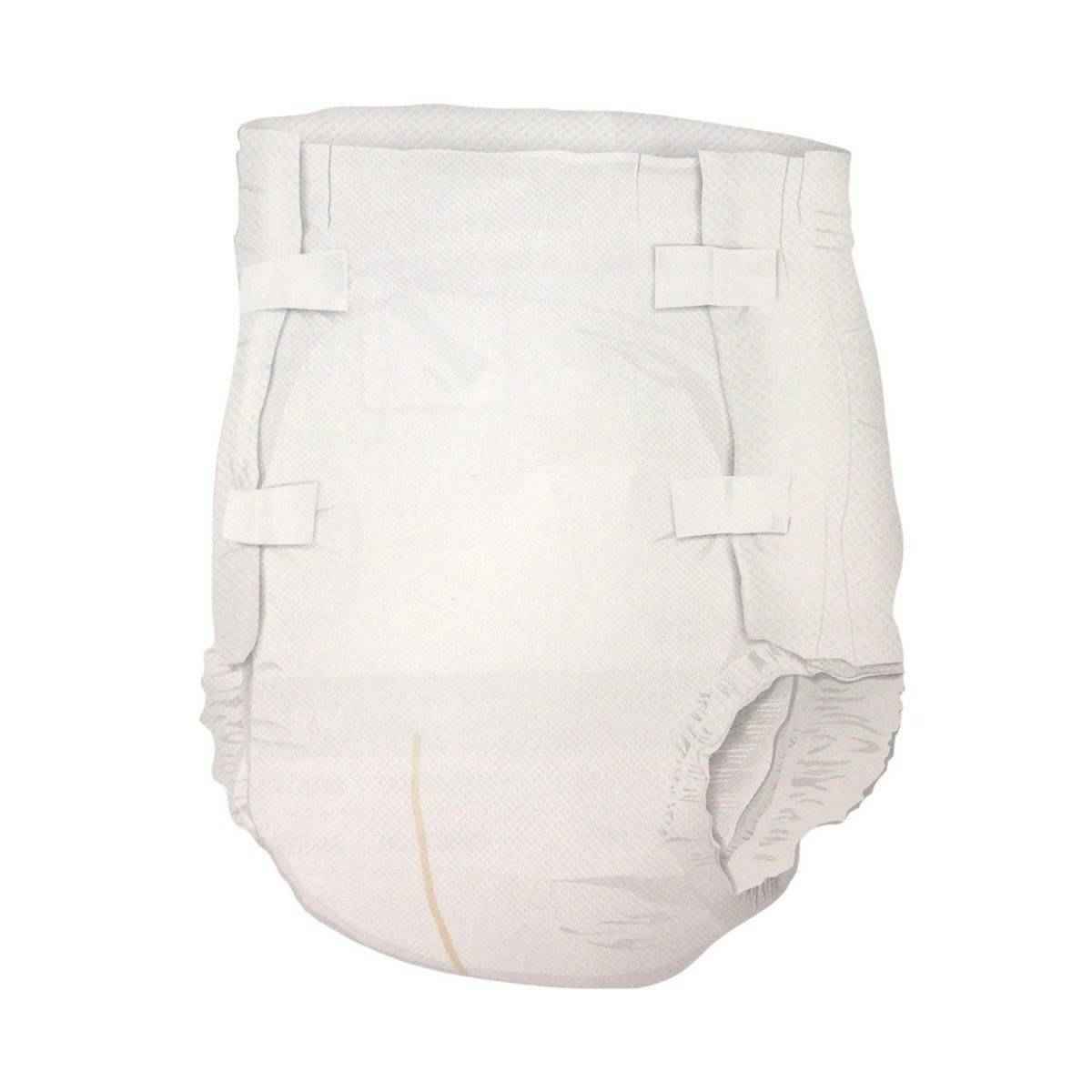 White adult briefs with absorbent padding and hook-and-loop tabs