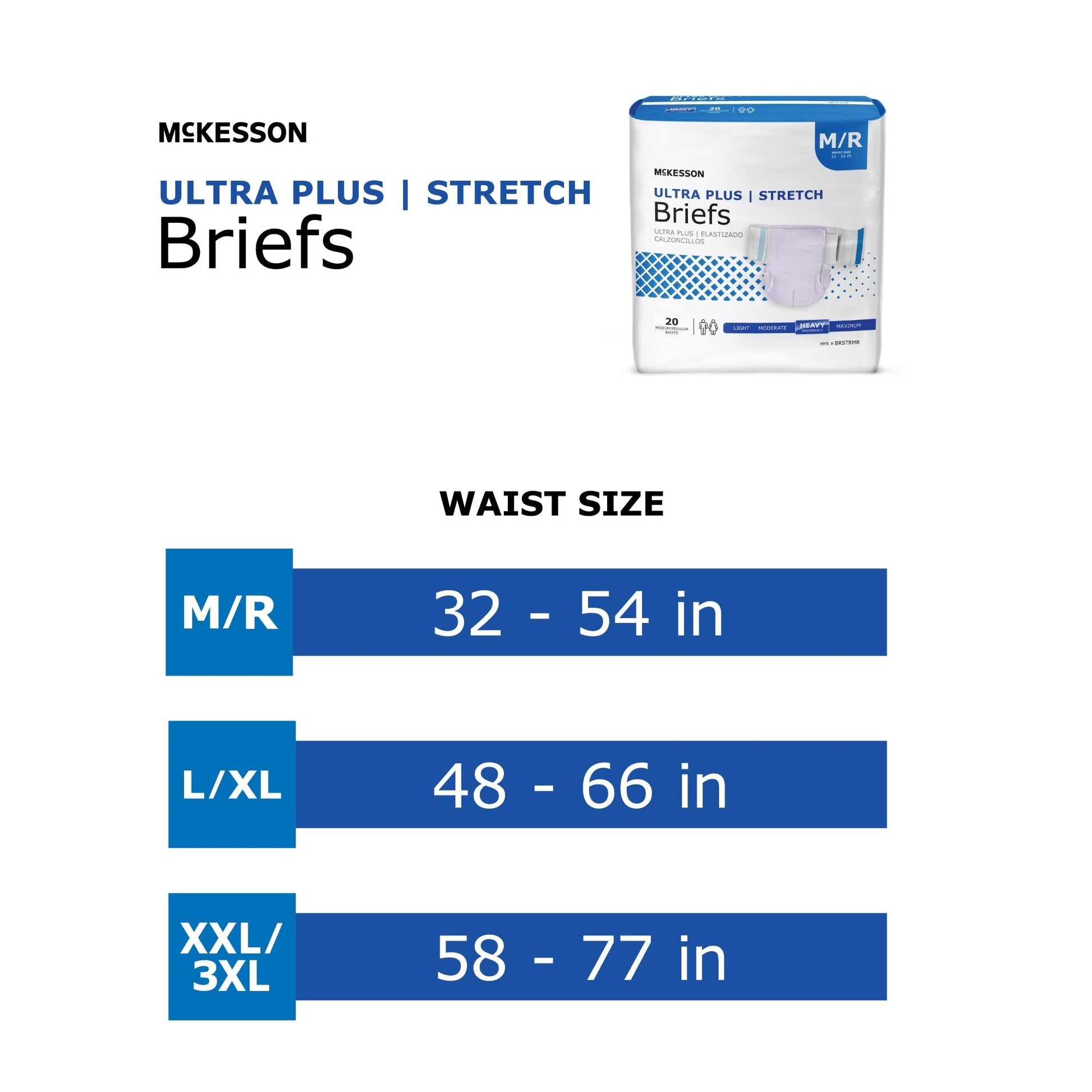 Waist size ranges for Ultra Plus I Stretch briefs: M/R 32–54 in, L/XL 48–66 in, XXL/3XL 58–77 in