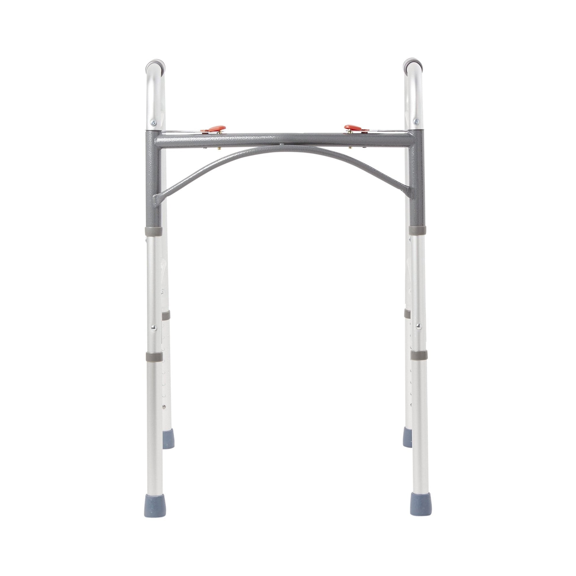 Folding walker frame with two front legs and curved support bar, red release knobs