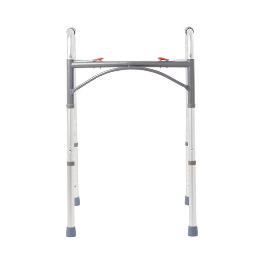 Folding walker frame with two front legs and curved support bar, red release knobs