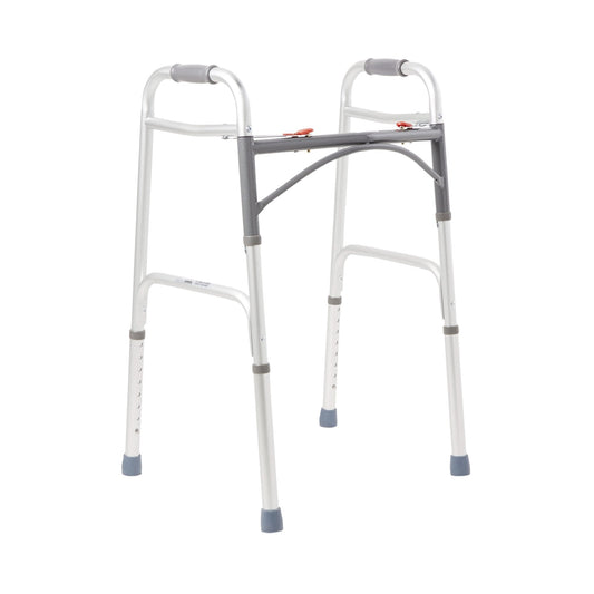 Adult folding walker with white frame and gray crossbar, red grips at top
