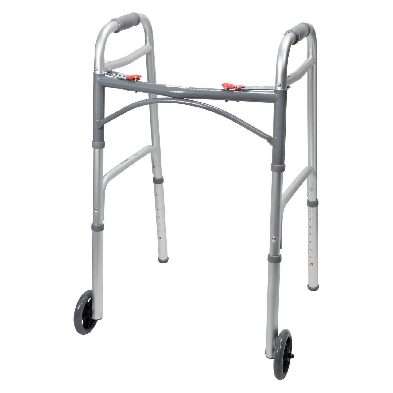 Folding adult walker with wheels, silver frame and black crossbar, rear view