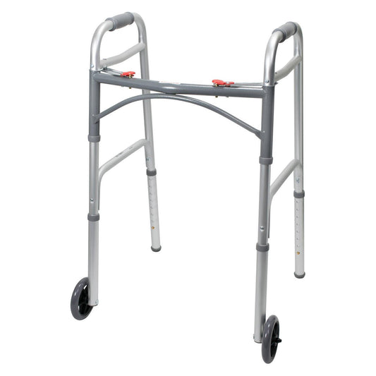 Folding adult walker with wheels, silver frame and black crossbar, rear view