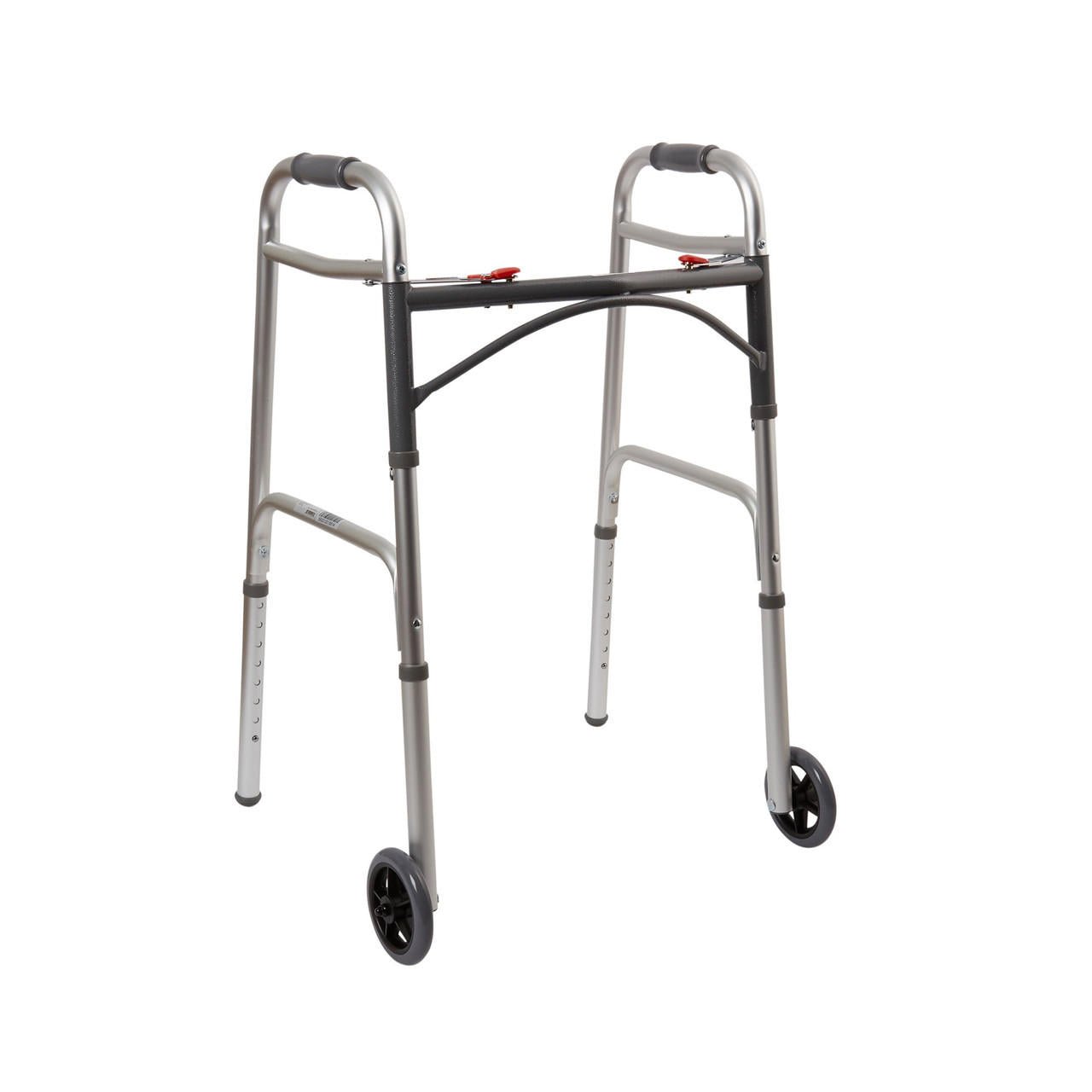 Adult folding walker with wheels, side view; silver legs and black top bar
