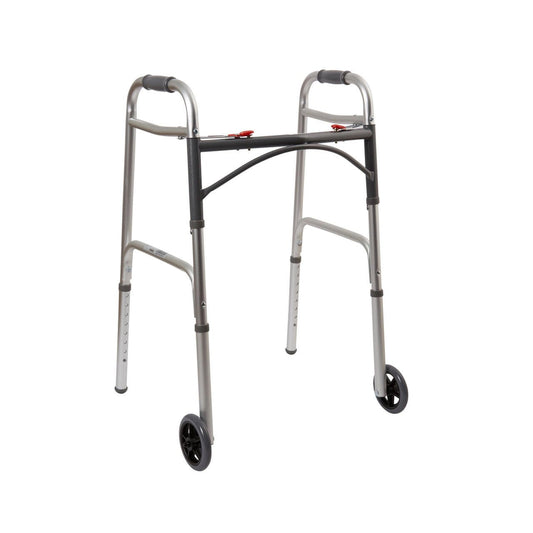 Adult folding walker with wheels, side view; silver legs and black top bar