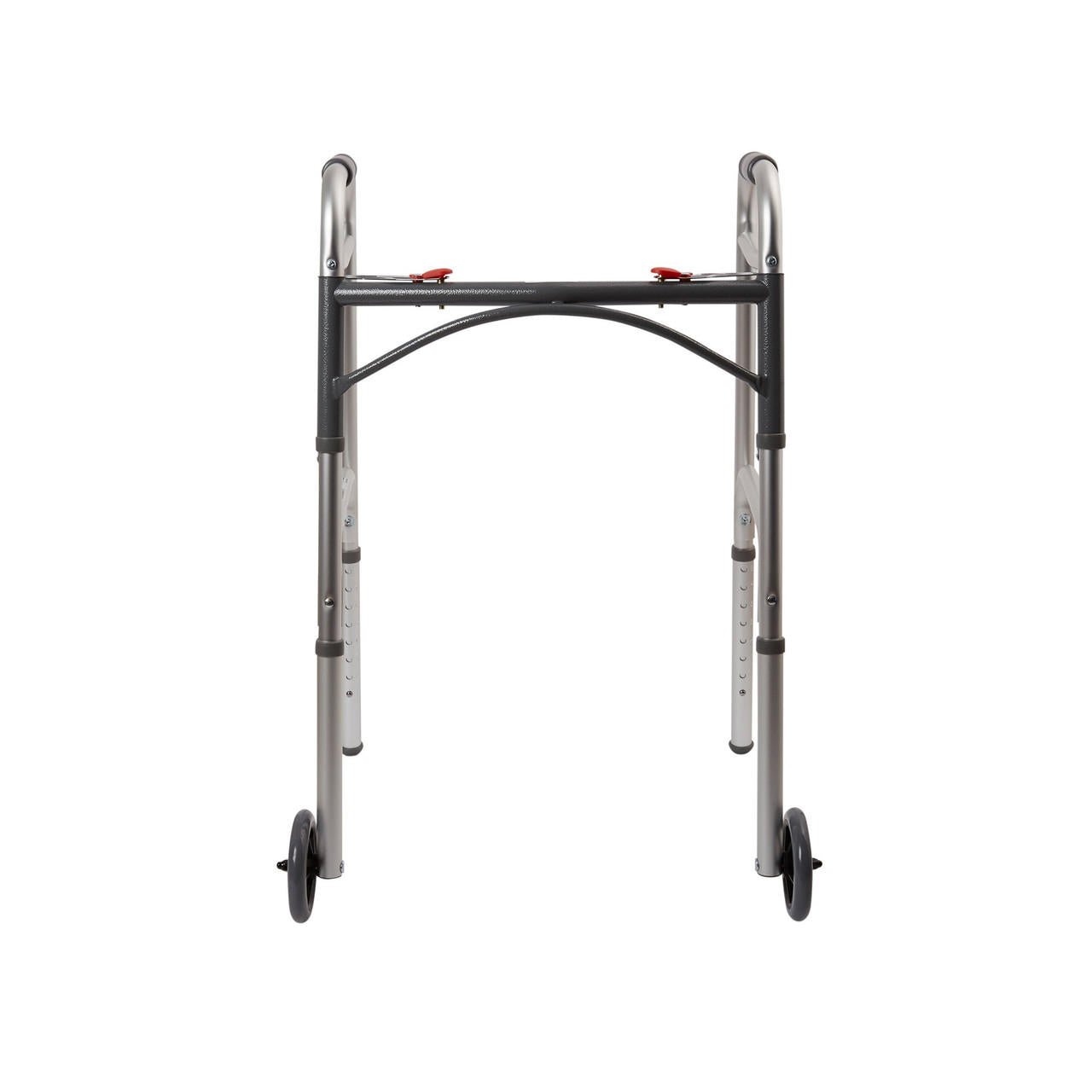Folding walker with wheels, front view; arched black brace and silver legs