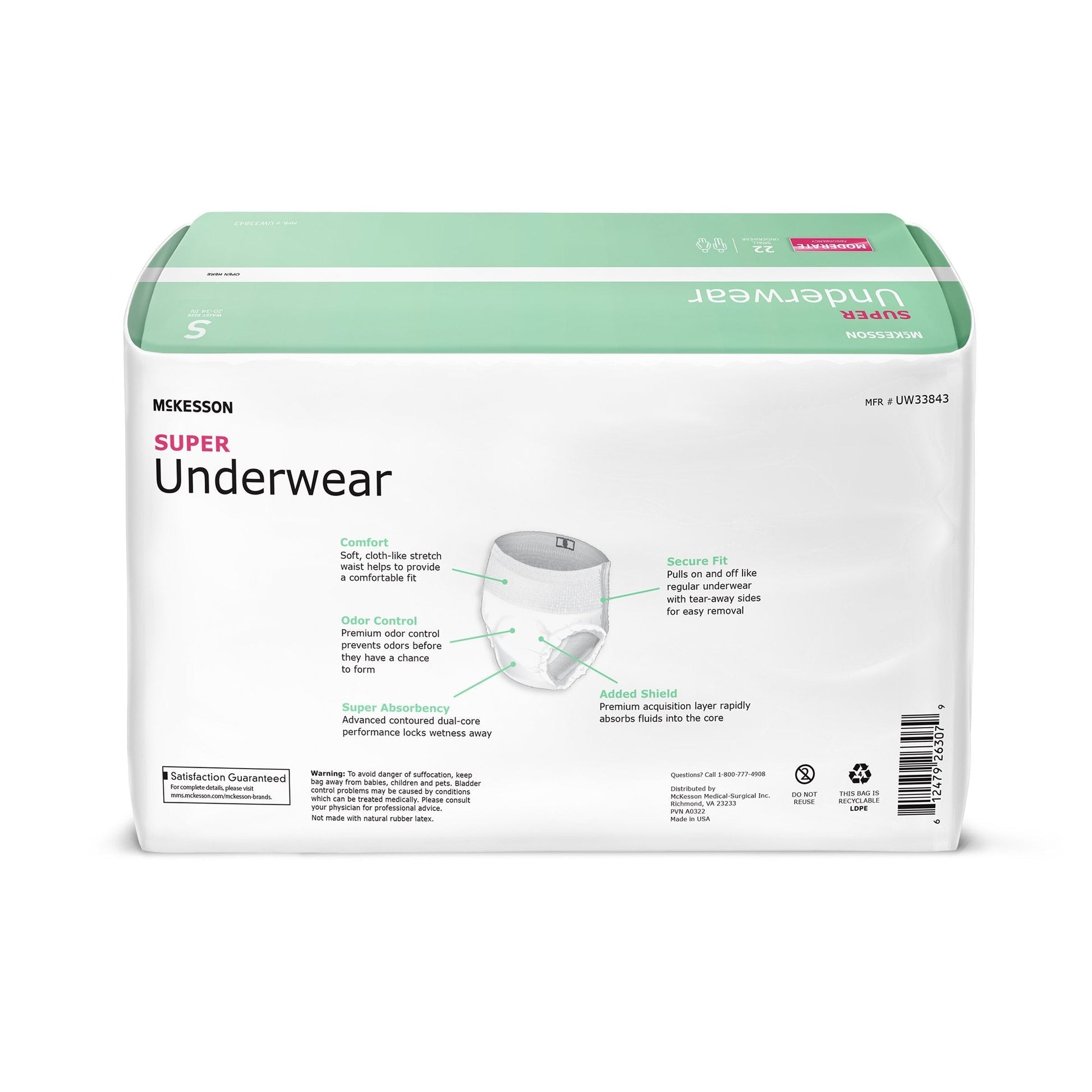 McKesson Super Underwear size S package back panel with product features