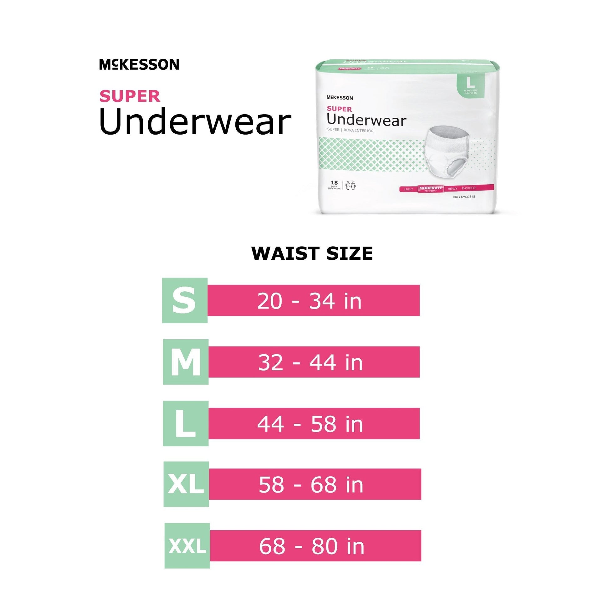 Waist size chart for adult pull-up underwear: S to XXL