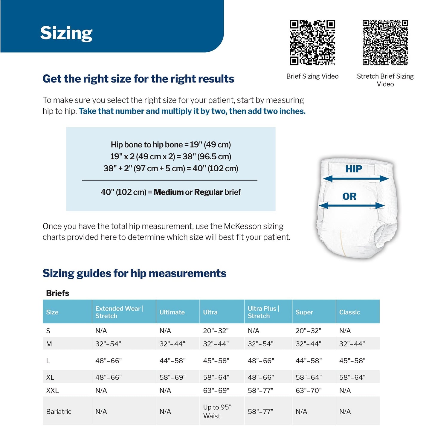 Sizing guide with hip measurement diagram and brief size ranges for Ultimate underwear