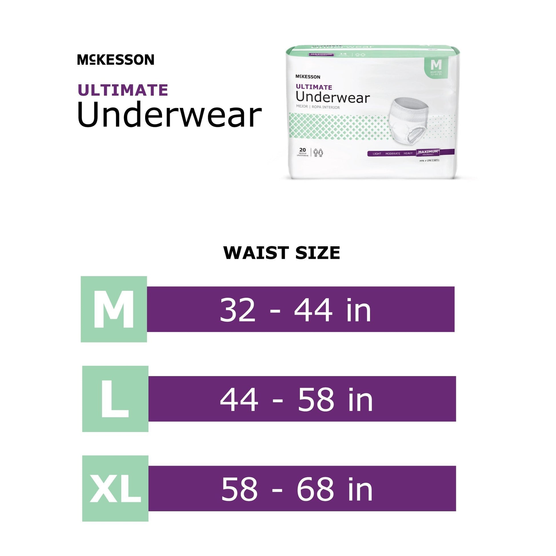 Ultimate underwear waist-size chart: M 32–44, L 44–58, XL 58–68