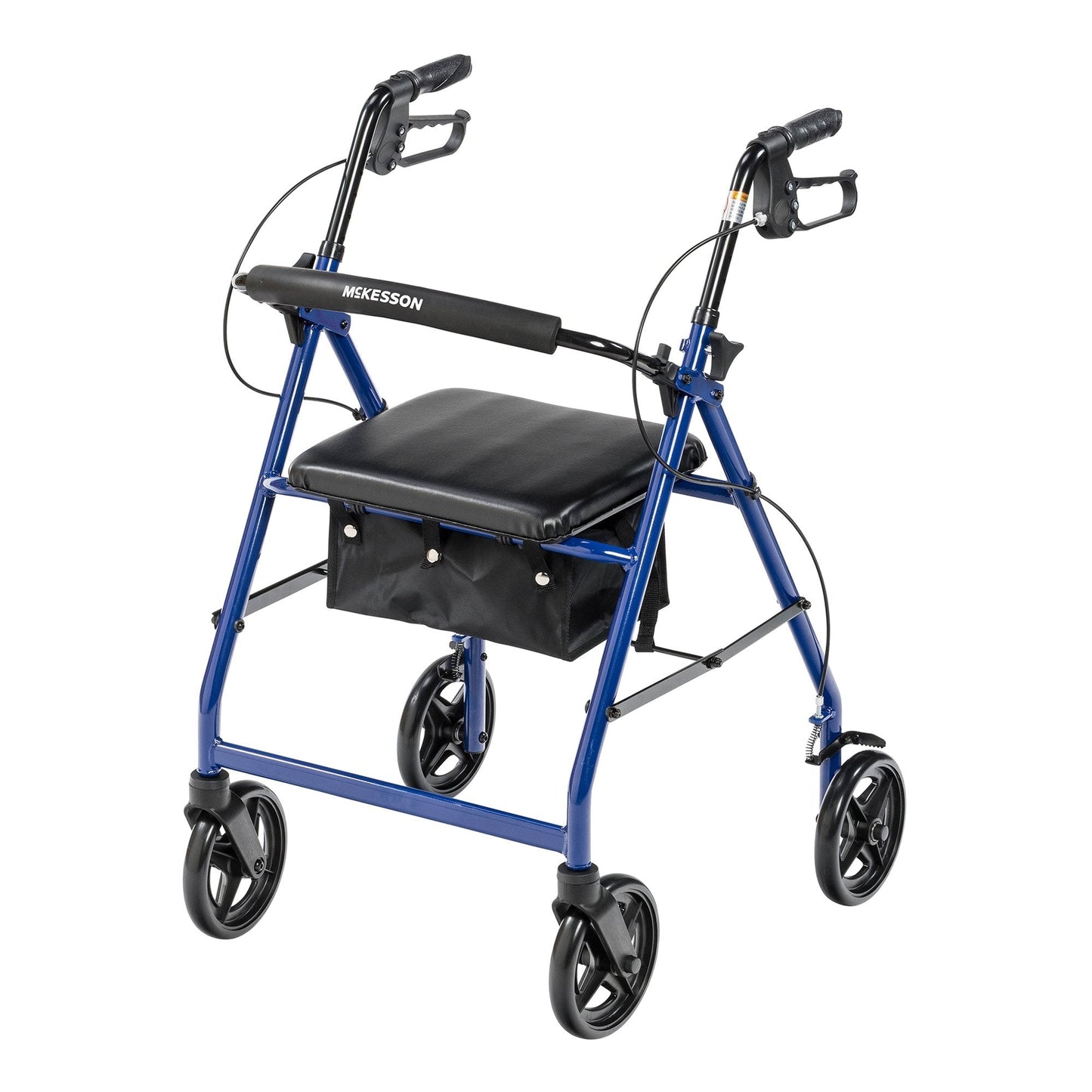 McKesson blue rollator walker with padded seat, armrests, black under-seat bag, 4 wheels.