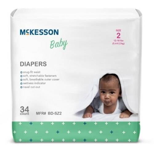 Baby diapers package, Size 2 (12–18 lb), with fold-over fit tabs shown
