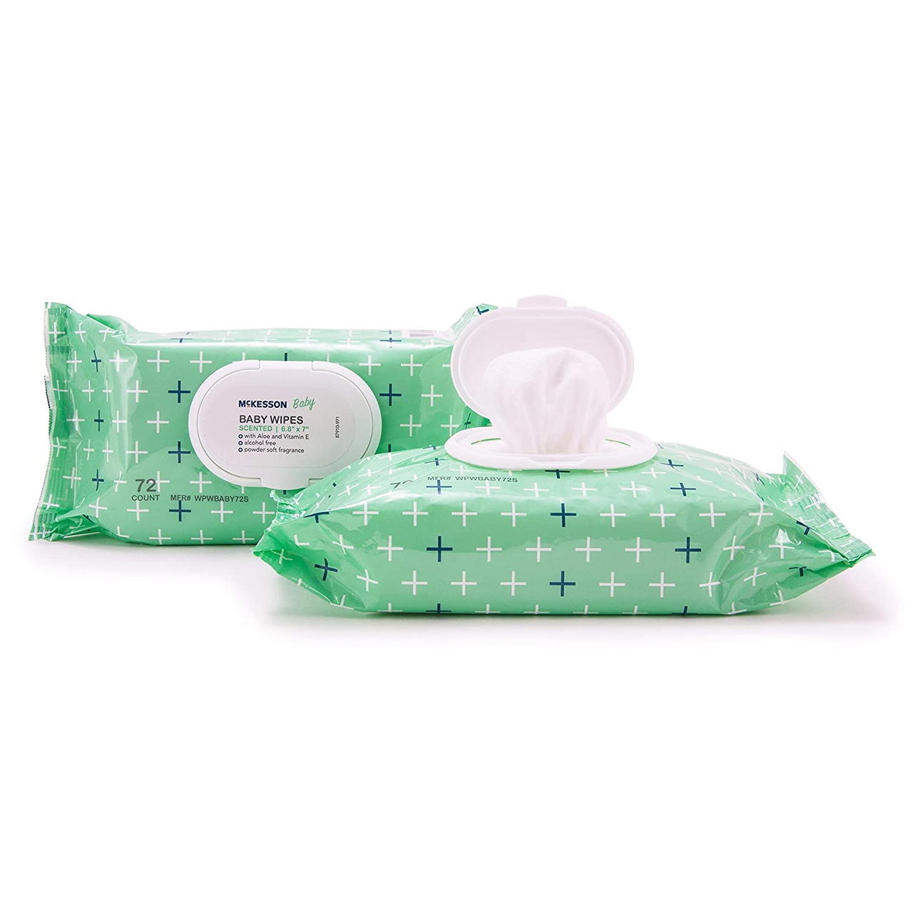 Scented baby wipes, 72-count pack with green patterned bag and open lid