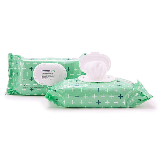 Scented baby wipes, 72-count pack with green patterned bag and open lid