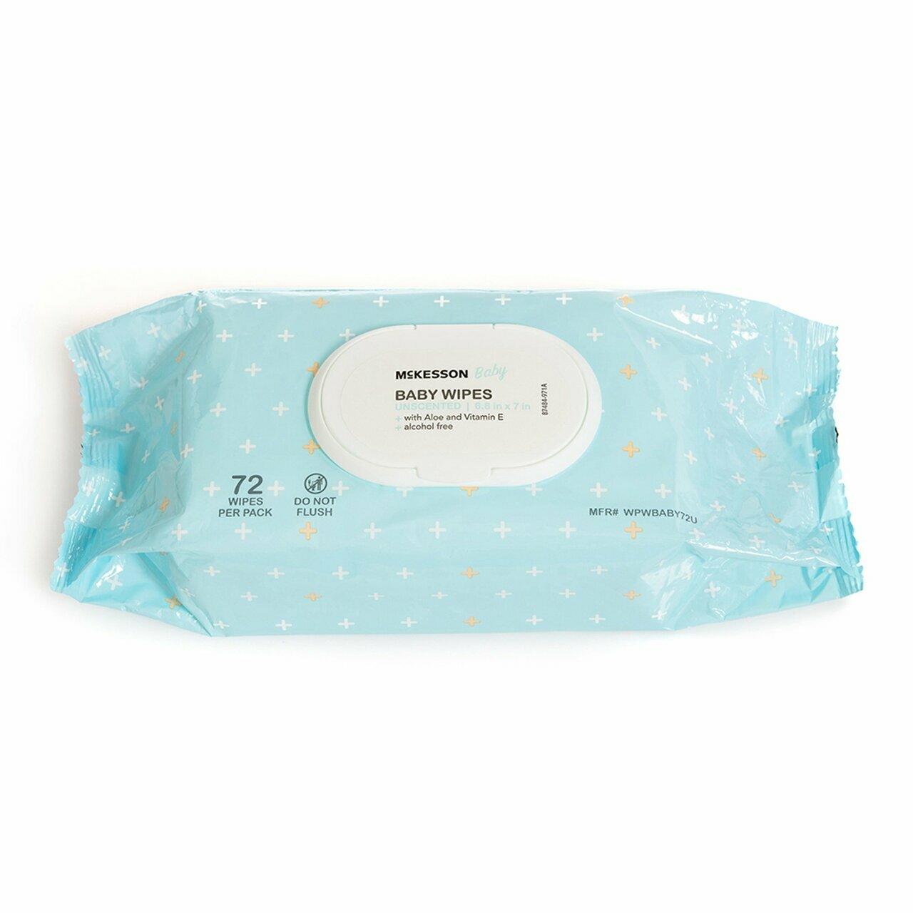 Unscented baby wipes pack, 72 wipes per pack in blue wrapper