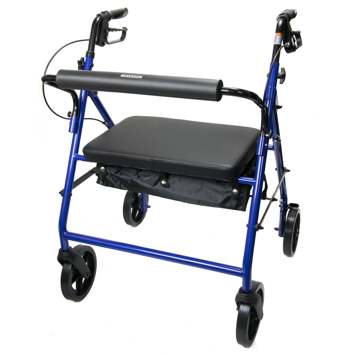 Blue bariatric rollator with padded seat, 4 wheels, folding steel frame, front brakes