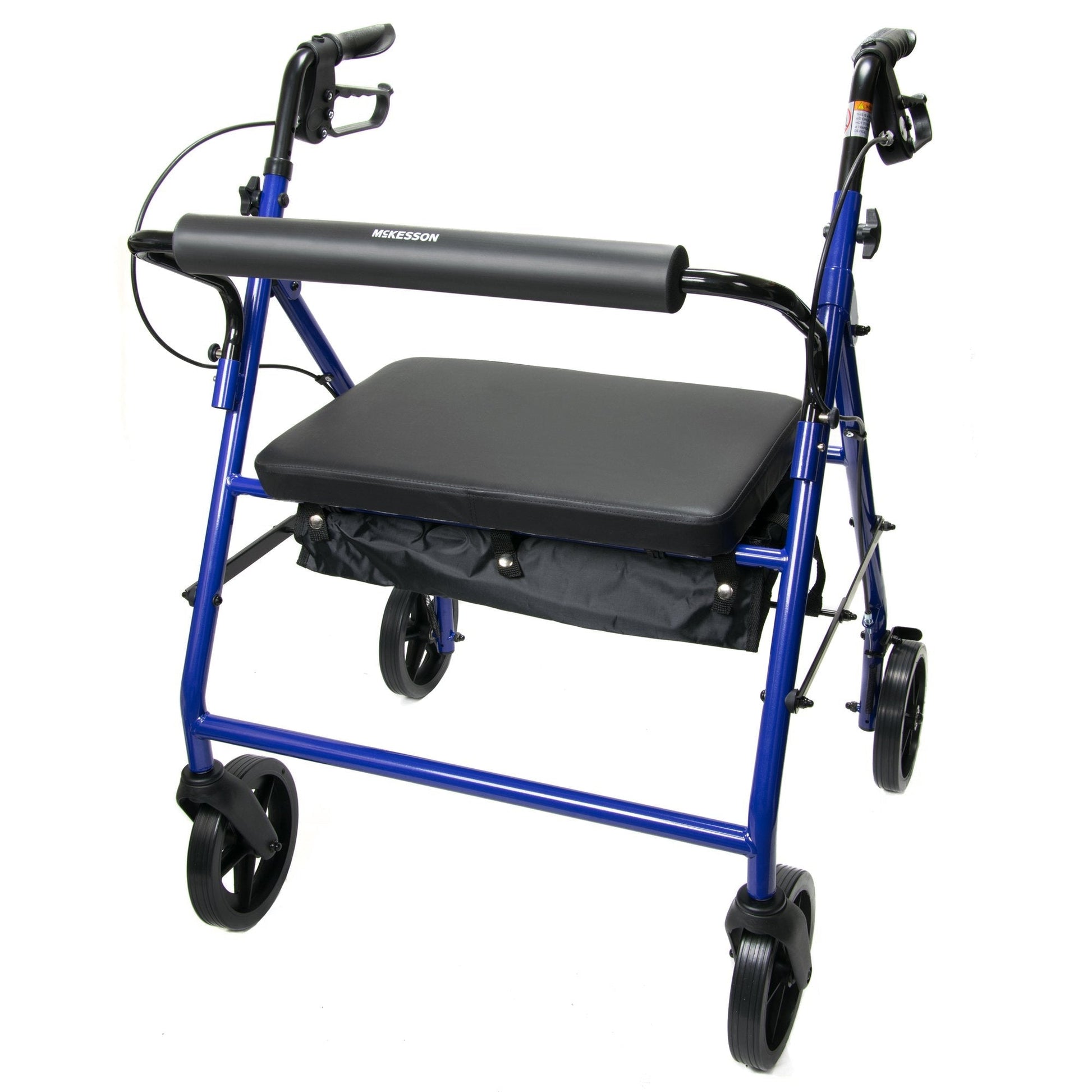 Blue bariatric rollator with padded seat, 4 wheels, folding steel frame, front brakes