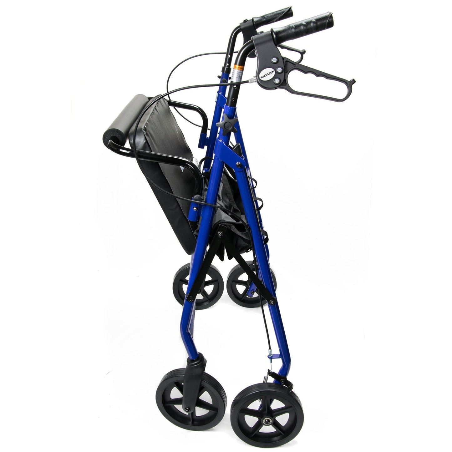 Blue folding rollator with padded seat and backrest, 4 large wheels, hand brake