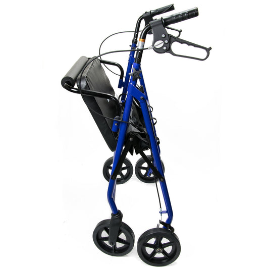 Blue folding rollator with padded seat and backrest, 4 large wheels, hand brake